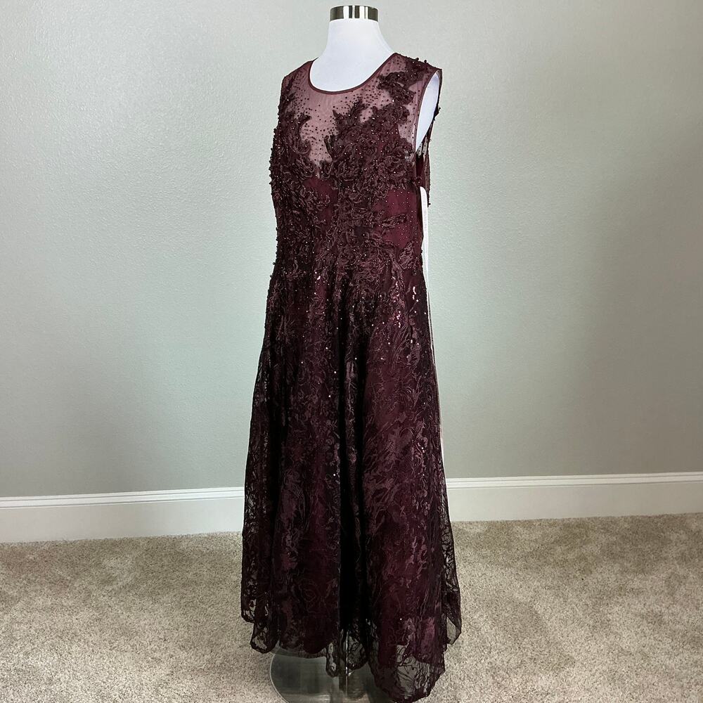 Mac Duggal 20421 Burgundy Red Evening Gown Beaded Lace Tea-Length Dress Size 12 - Picture 5 of 12